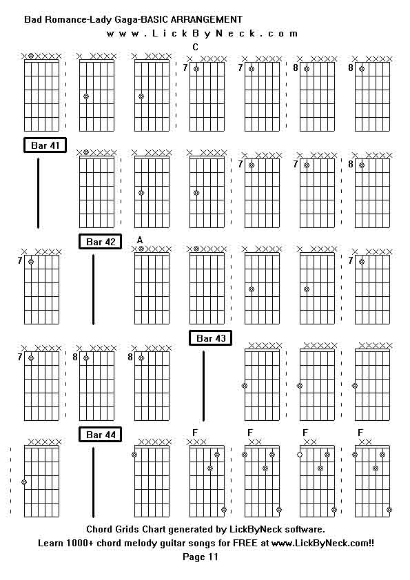 Chord Grids Chart of chord melody fingerstyle guitar song-Bad Romance-Lady Gaga-BASIC ARRANGEMENT,generated by LickByNeck software.